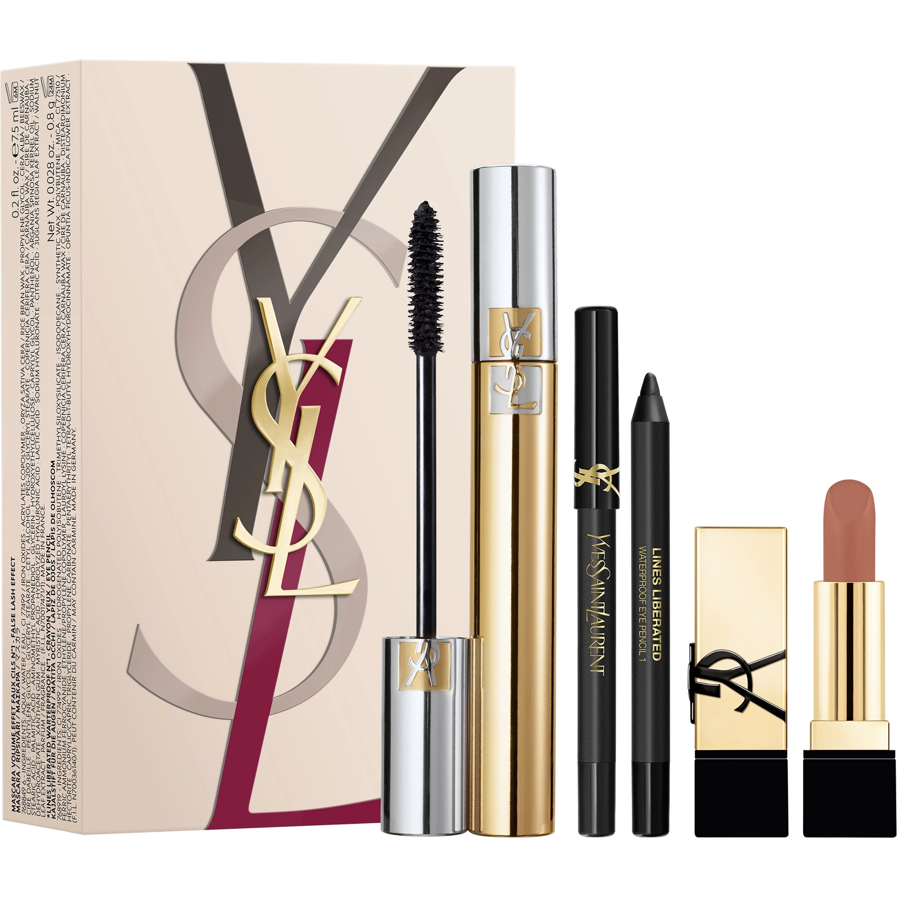 Set de maquillaje con máscara de pestañas y efecto volumen