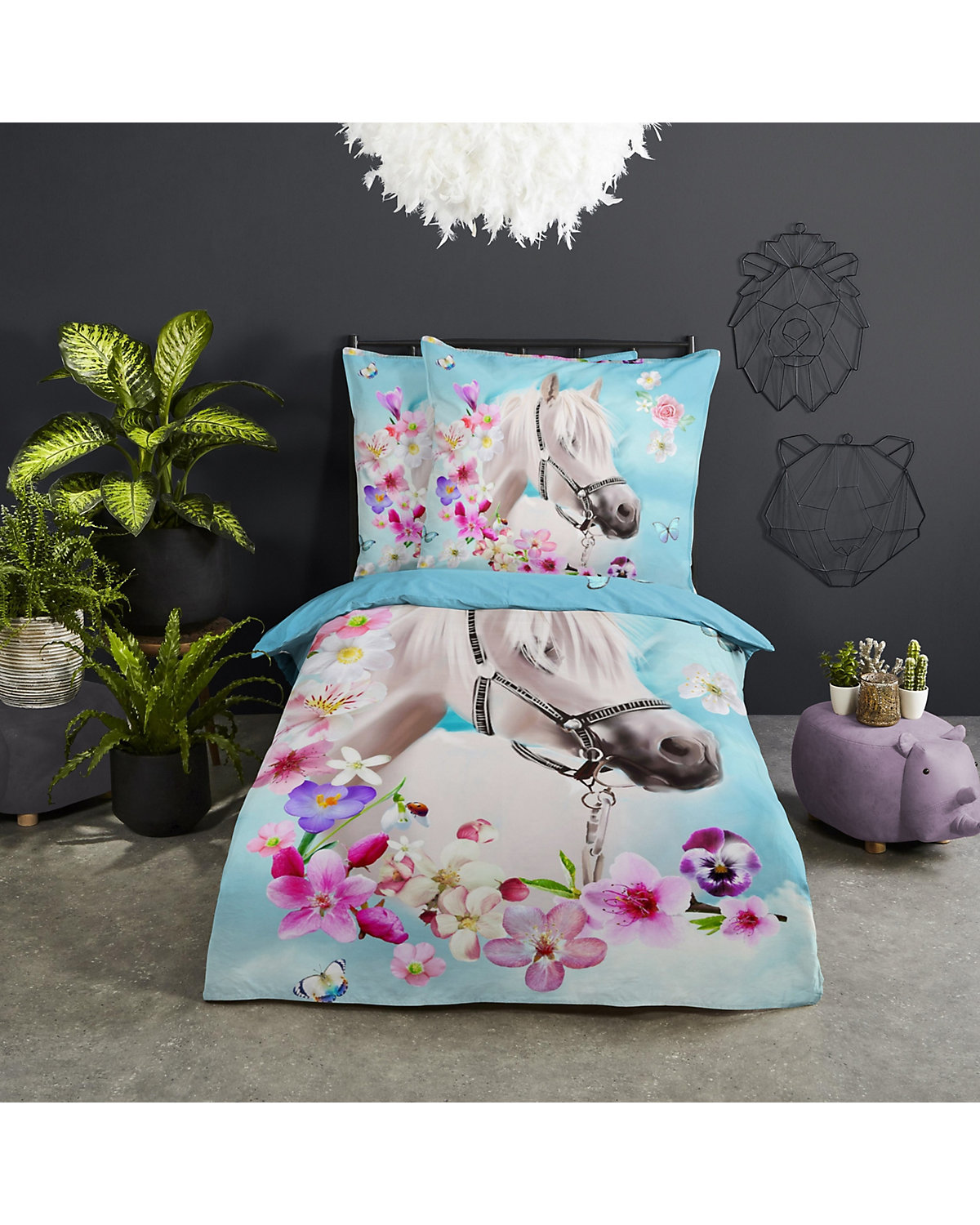 Bettwäsche Mädchen und Jungen Pferde Blumen, Renforcé, 135 x 200 cm + 80 x 80 cm