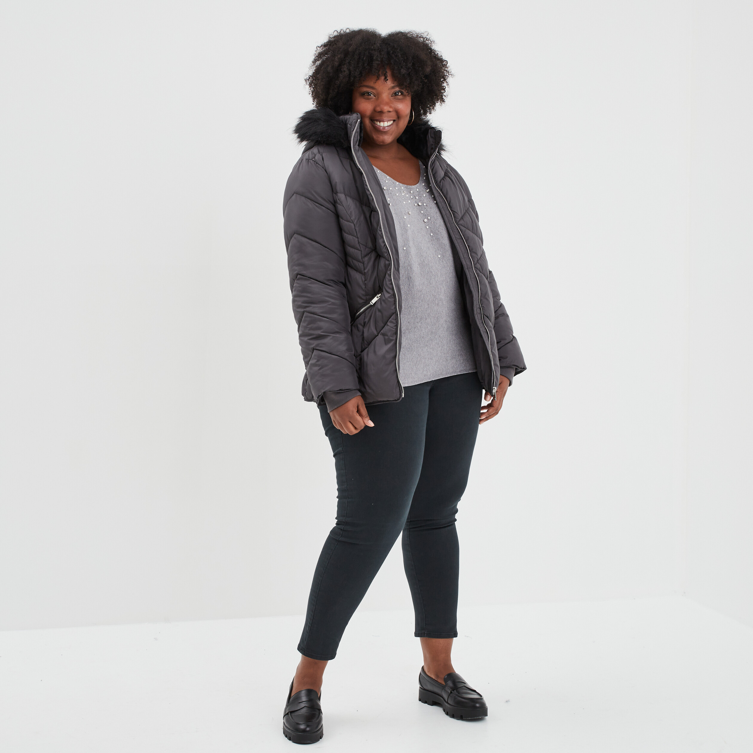 Pull perles strass manches avec fentes gris femme grande taille | La Halle