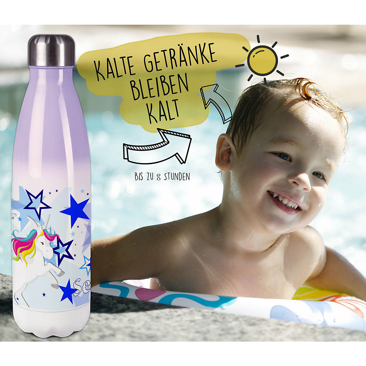 Edelstahl Kinder Thermoflasche / Trinkflasche bunt Pegasus Sterne Farbe blau Spülmaschinenfest, Auslaufsicher, Bruchfest, Doppelwandig, Für Heißgetränke geeignet, Mit Deckel, Isoliert