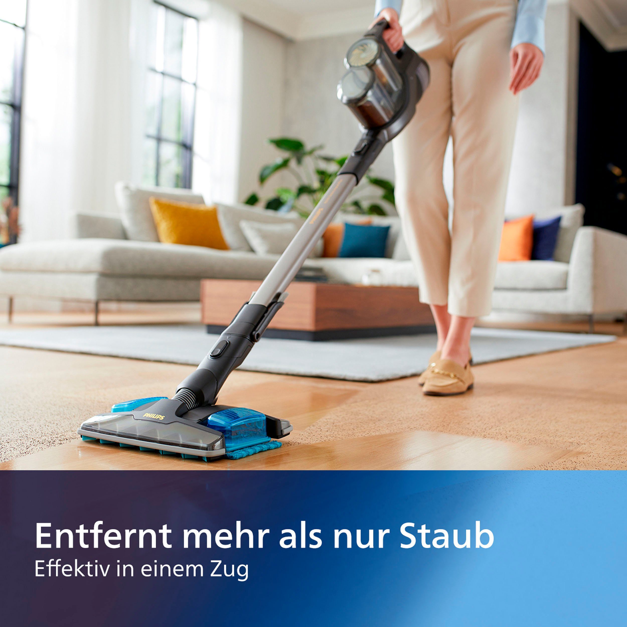 Philips Nass-Trocken-Akkusauger XC8347/01 SpeedPro Max Aqua Plus, beutellos, mit 80 Minuten Laufzeit, Wischfunktion und 360°-Saugdüse
