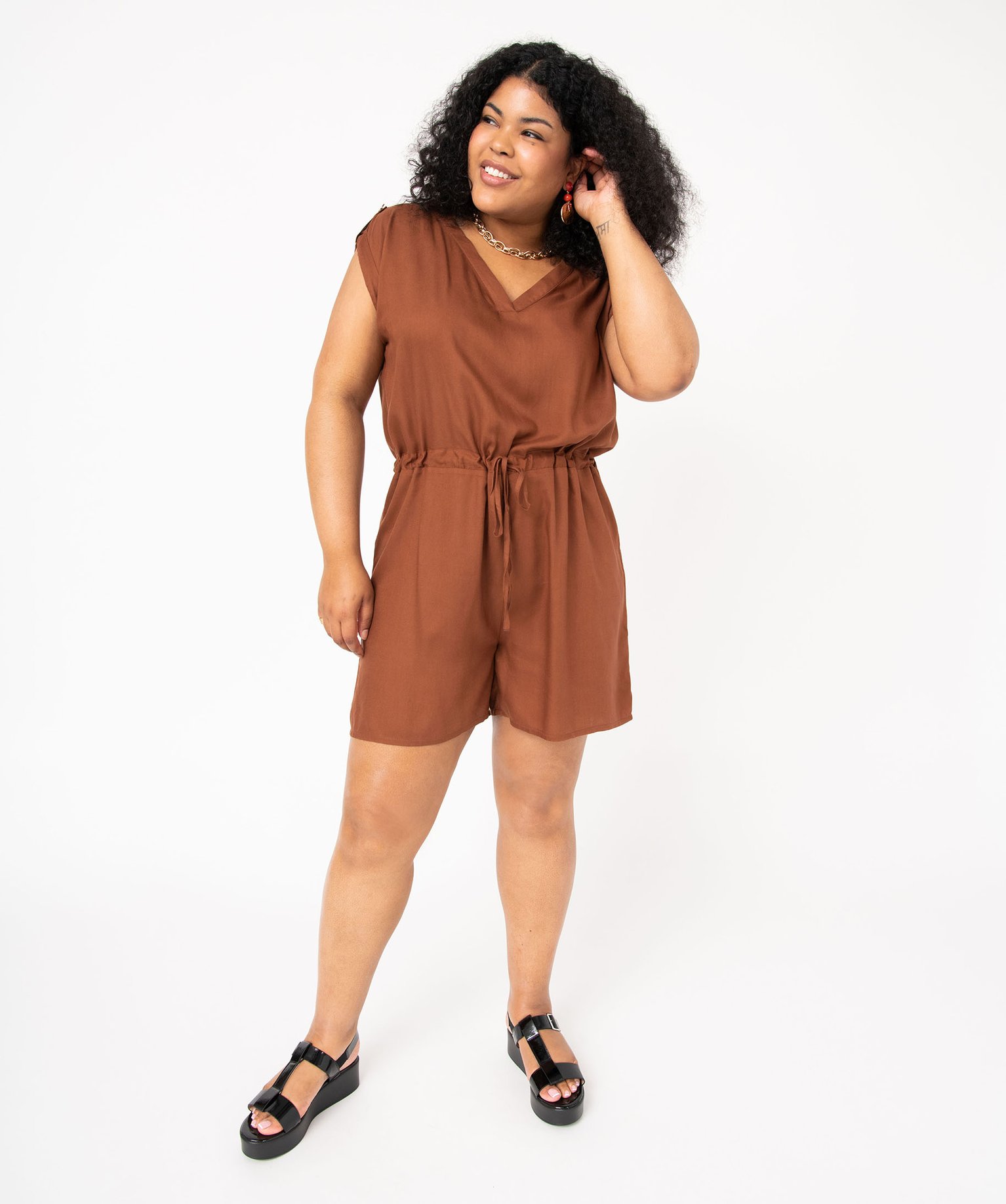 Combishort à manches courtes femme grande taille marron | GEMO