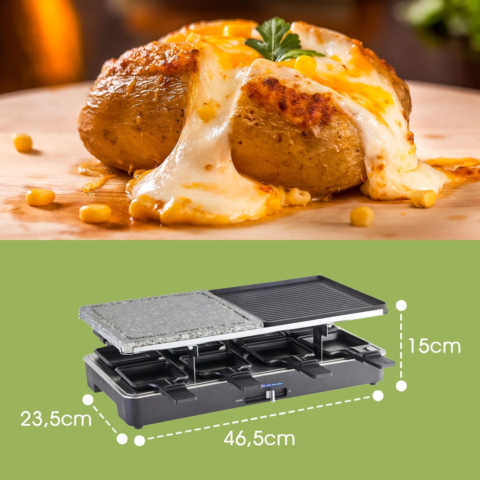 bmf-versand Raclette Raclette 8 Personen Tischgrill Elektrogrill Heißer Stein, 8 Raclettepfännchen, 1400,00 W, 2in1: Raclette, Heißer Stein und Tischgrill, Thermostat