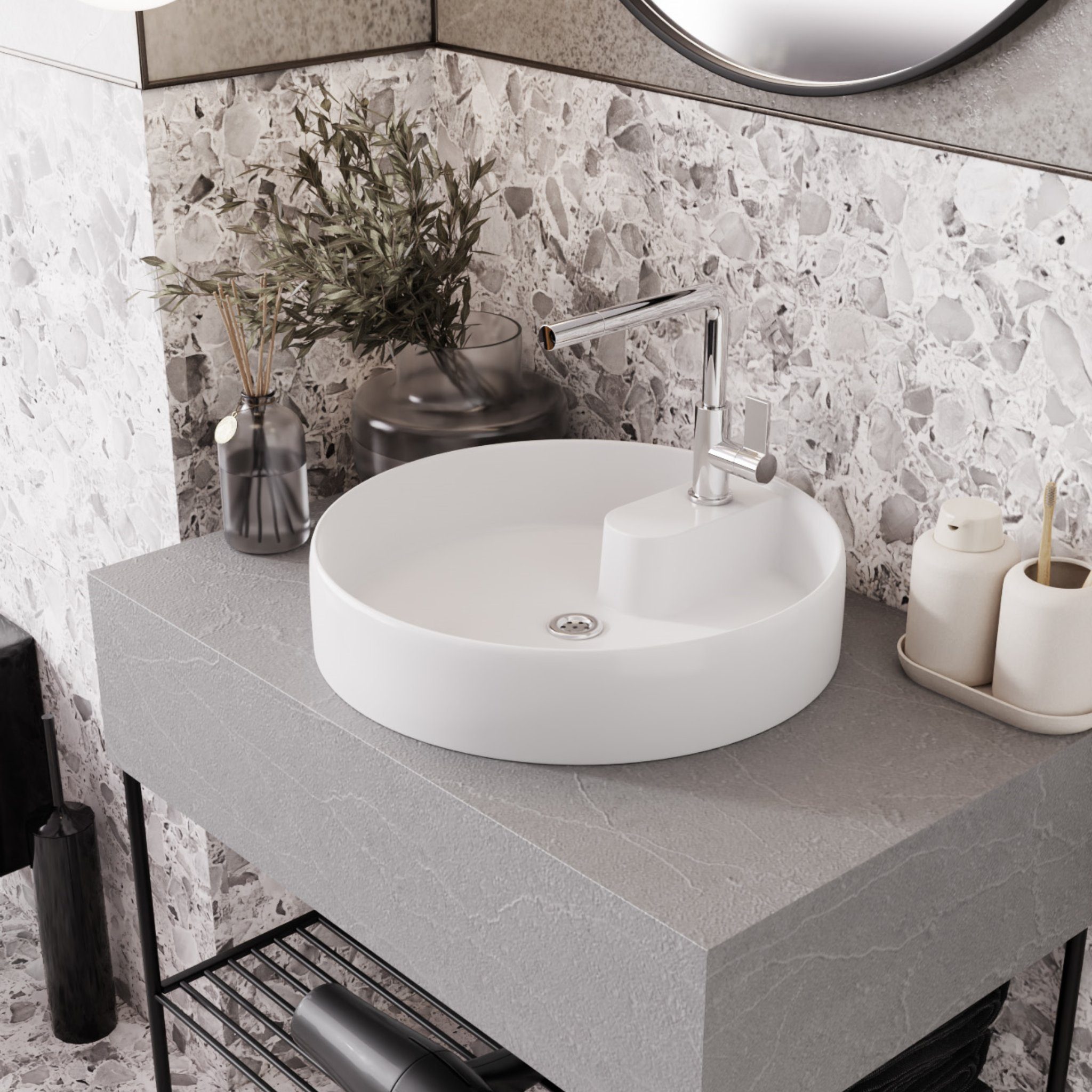 Karen Badezimmer-Set Rock, (Komplett-Set, Standartmäßig 3-Teilig (Waschtisch, Spiegelschrank, Waschbecken), Der Lieferumfang umfasst Waschtisch, Spiegel und Waschbecken), Sportliches Design, Farbe Wolkengrau, einfacher Zusammenbau