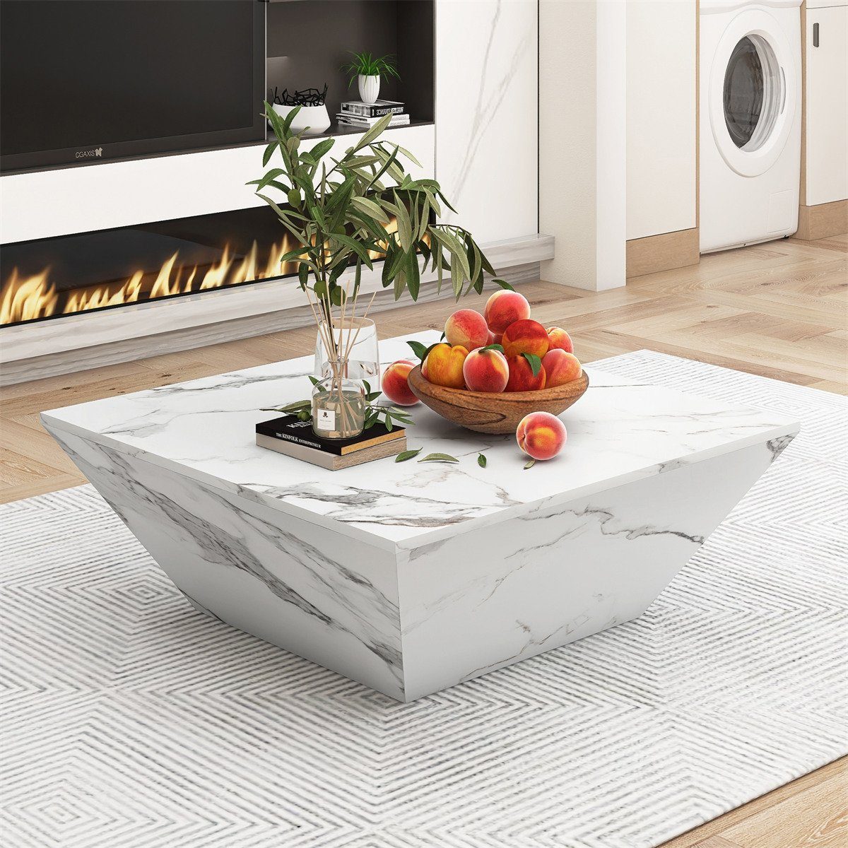 XDeer Couchtisch Moderner Trommel Couchtisch(weiß,70*70*37cm)Wohnzimmertisch, Trapezförmiger Kaffeetisch,Marmorfurnier Beistelltisch