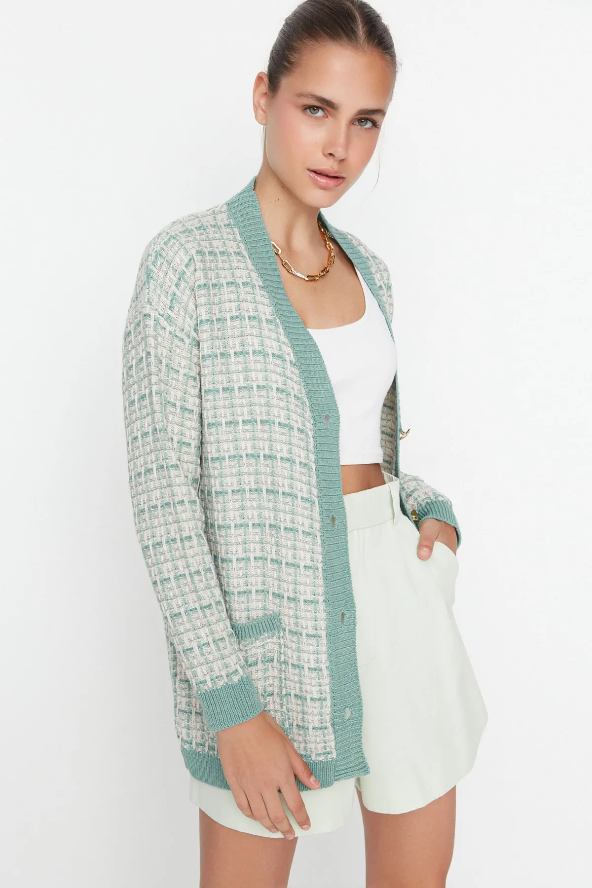 Trendyol Collection  Mintfarbene, weite Strickjacke in Tweed-Optik mit Glitzer TWOAW21HI0250