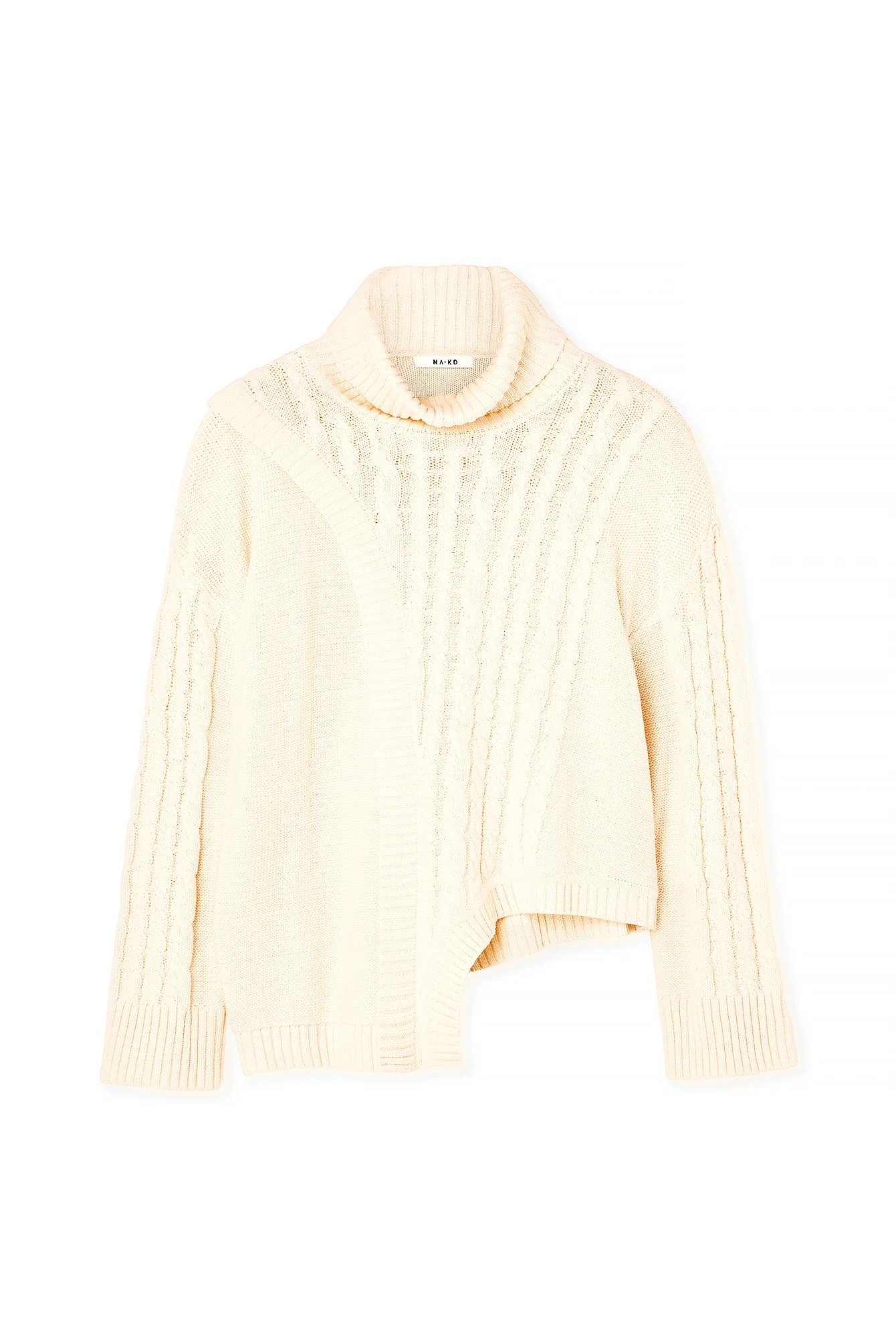 Asymmetrischer Strickpullover mit Zopfmuster