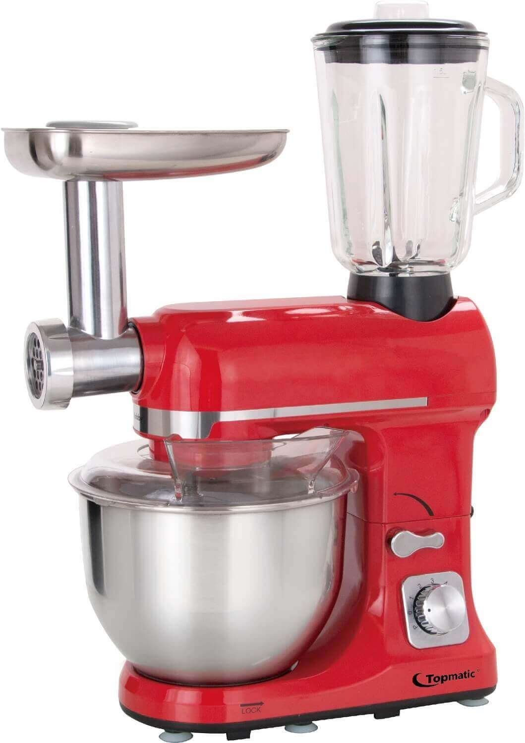 Topmatic Küchenmaschine PKM-1800.1BG Multifunktion Mixer 1800W Teigmaschine Fleischwolf, 1800 W, 5,00 l Schüssel, Spritzgebäckvorsatz, Entriegelungsmechanismus für Multifunktionsarm