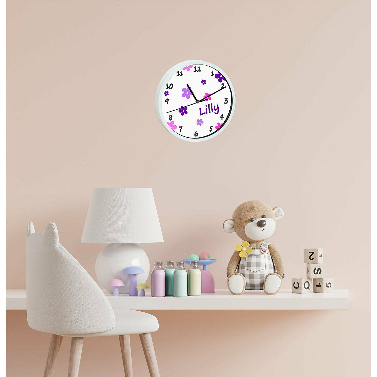 Kinder Wanduhr personalisiert mit Name Blumen Pink-Lila