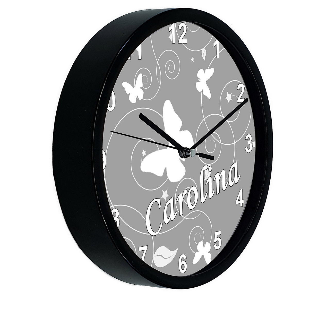 Kinder Wanduhr personalisiert mit Name Schmetterling Ornamente grau