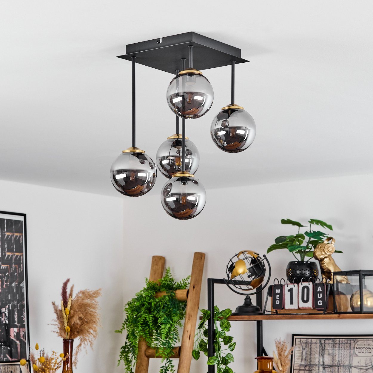 hofstein Deckenleuchte Isorella Deckenlampe aus Metall/Rauchglas in Schwarz/Messing/Chrom, ohne Leuchtmittel, Leuchte mit Kugelschirmen aus Glas, 5xG9