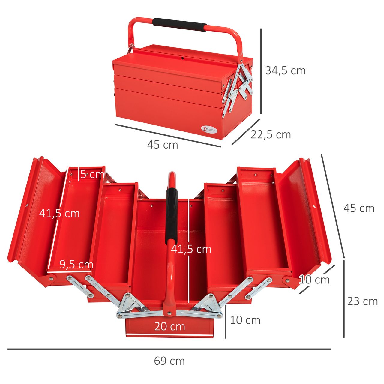 DURHAND Werkzeugkasten Werkzeugkoffer Montage Werkzeugkiste leer platzsparend mit 5 Fächer aufklappbar stabil Stahl (SPCC) Rot 45 x 22,5 x 34,5 cm