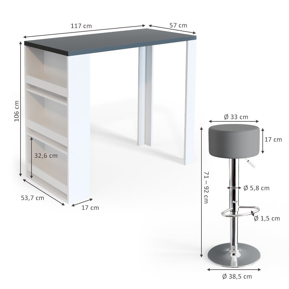 Vicco Bartisch Bartresen Stehtisch Bistrotisch Anthrazit Weiß inkl. Hocker