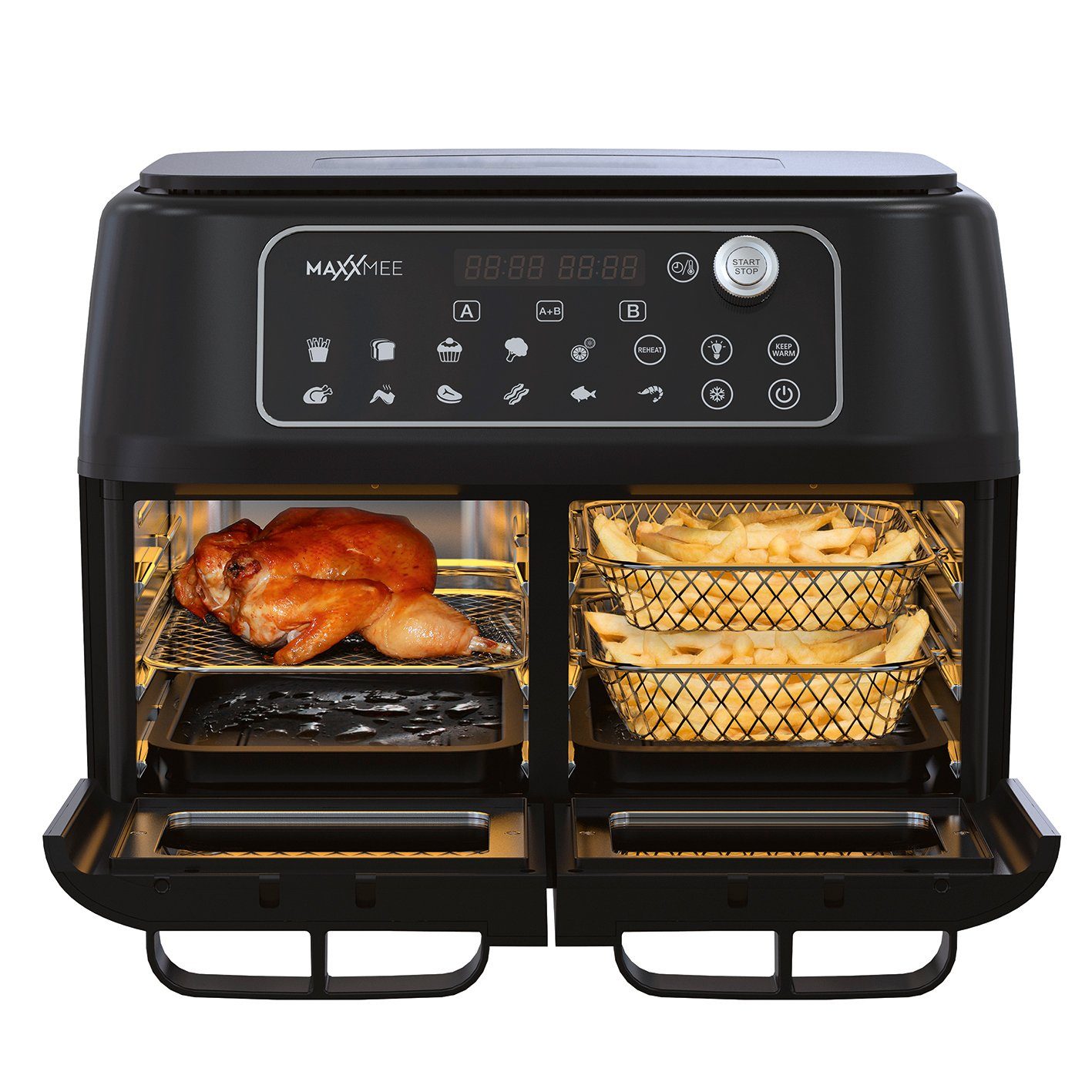 MAXXMEE Heißluftfritteuse Doppelkammer 11L 2 x 5,5l digitale Bedienung & Sichtfenster, 2400,00 W, besonders fettarm