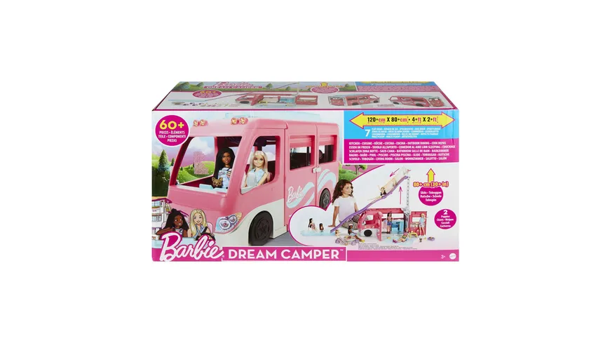 Barbie Super Abenteuer-Camper Fahrzeug, 76 cm groß mit Pool, Rutsche und über 60 Zubehörteilen