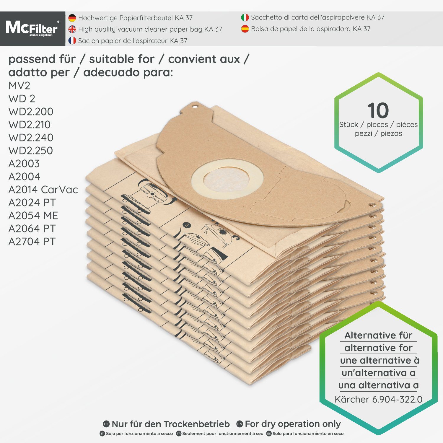 McFilter Staubsaugerbeutel (10 Stück) geeignet für Kärcher 6.904-322.0 Staubsauger, passend für MV2 WD2 A2003 A2004 WD2.200 WD2.210 WD2.240 WD2.250 und weitere Modelle, 10 St., Hohe Reißfestigkeit, Formstabile Deckscheibe, 2-lagig