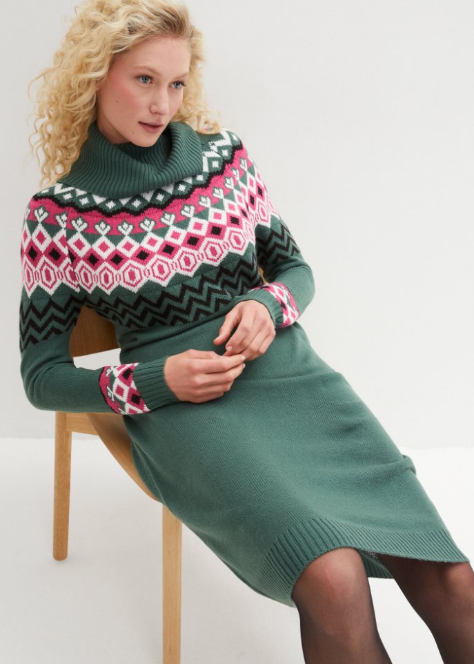 Strickkleid mit Norwegermuster und weitem Rollkragen, kniebedeckend