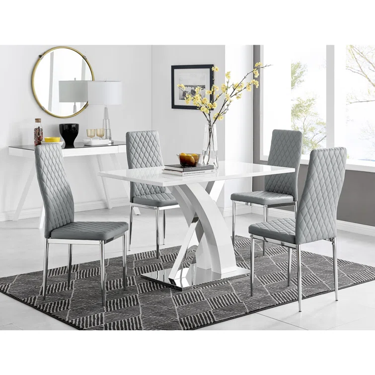 White High Gloss Dining Table Set with 4 Luxury Faux Leather Dining Chairs