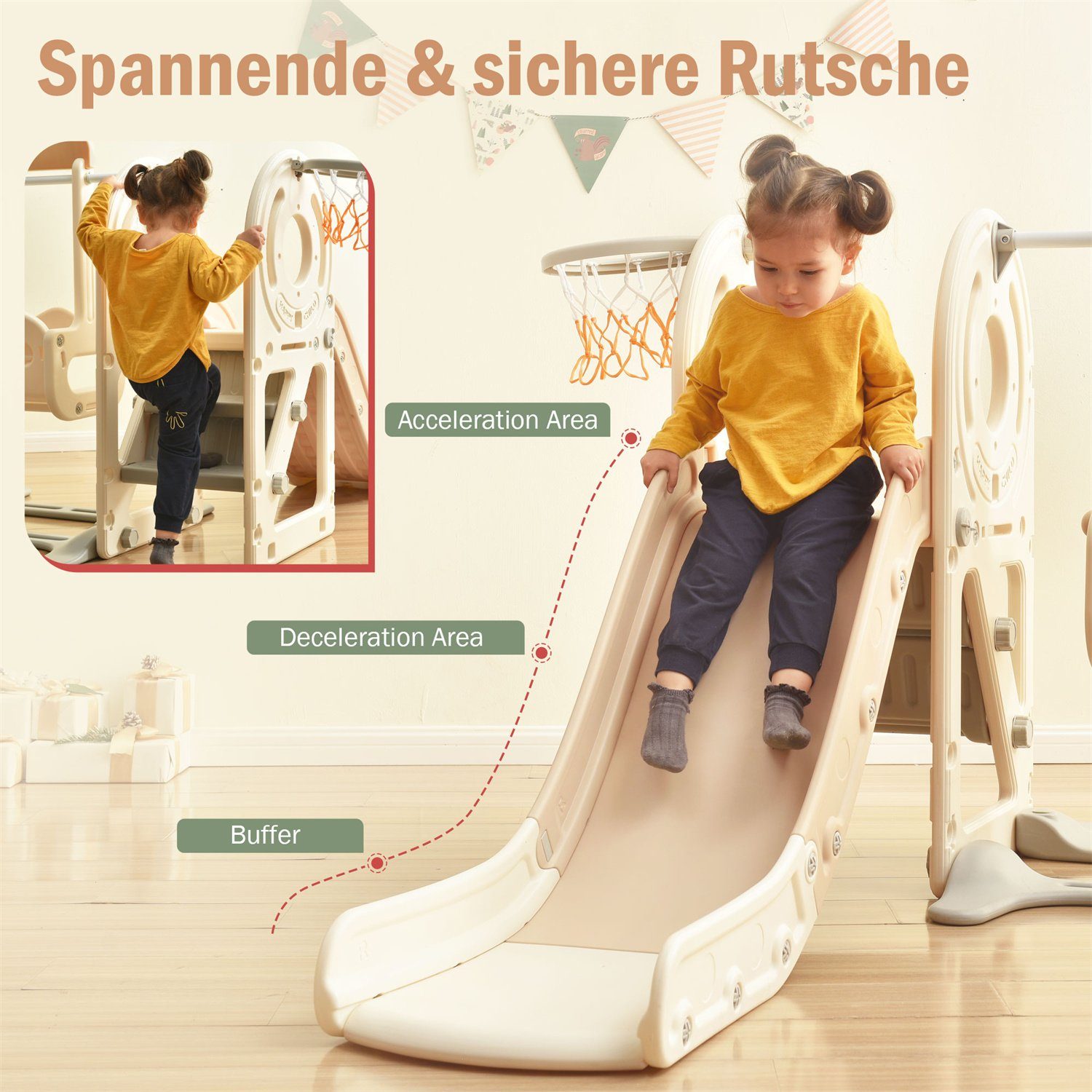 Fangqi Indoor-Rutsche 4-in-1-Kinderrutsche, Indoor-Spielzeug, Rutschenset,Weihnachtsgeschenk, (mit Bus, Rutsche, Aktivitätsleiter, Basketballkorb und passenden Basketbällen)