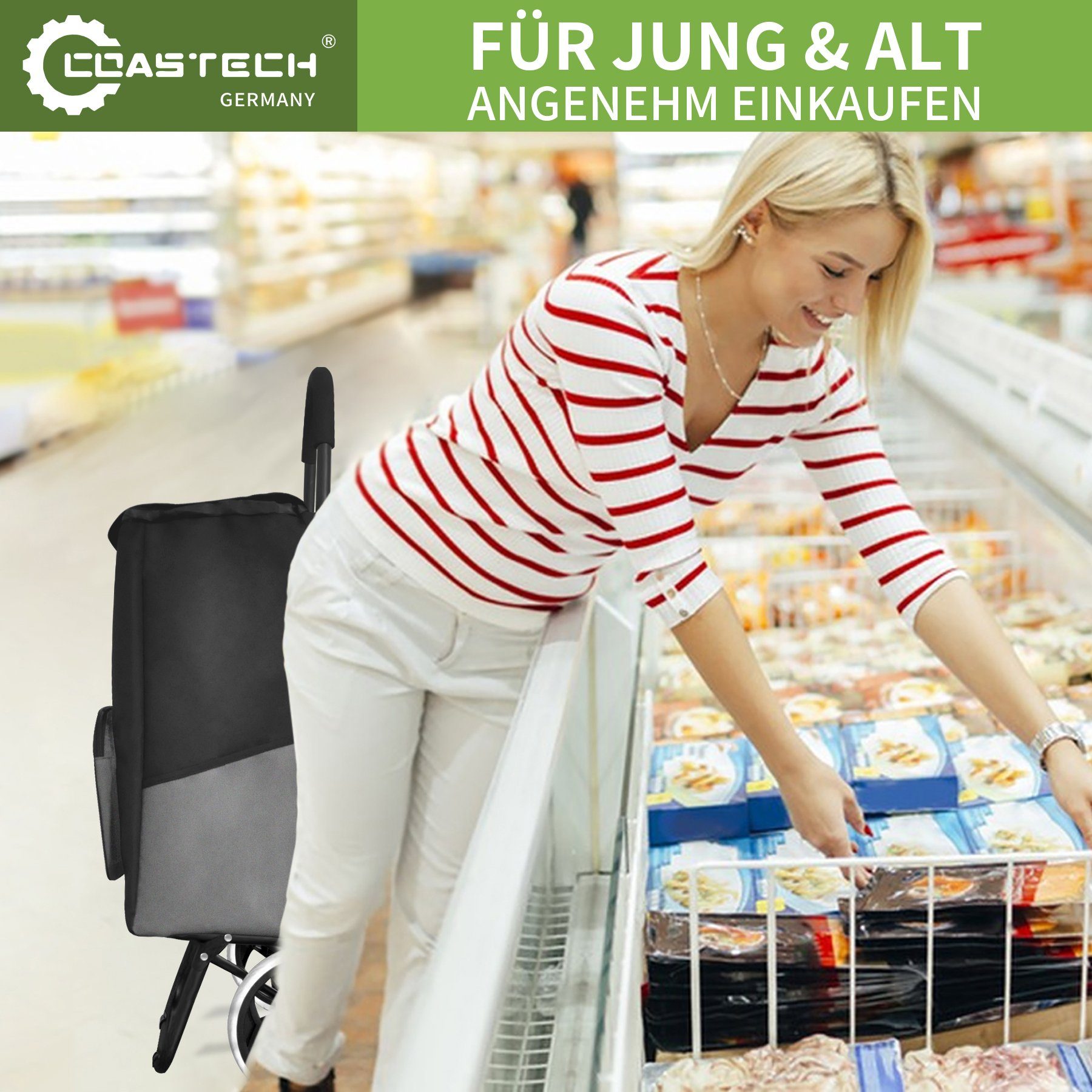 Coastech Einkaufstrolley Einkaufswagen 45 L Stauraum klappbar Abnehmbare Tasche, Oxford-Stoff Wasserabweisend, Ergonomischer / Gepolsterter Griff