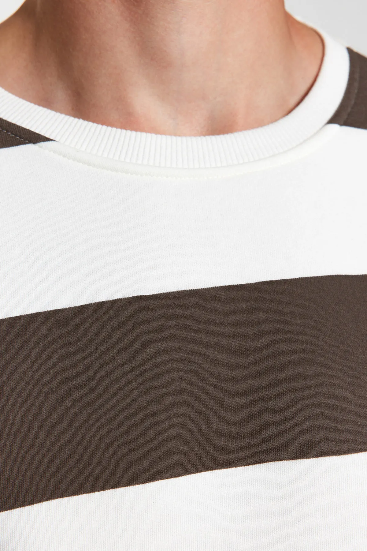 Trendyol Collection  Nerzfarbenes, übergroßes/weit geschnittenes Baumwoll-Sweatshirt mit Rundhalsausschnitt und gestreifter Fleece-Innenseite TMNAW24SW00098