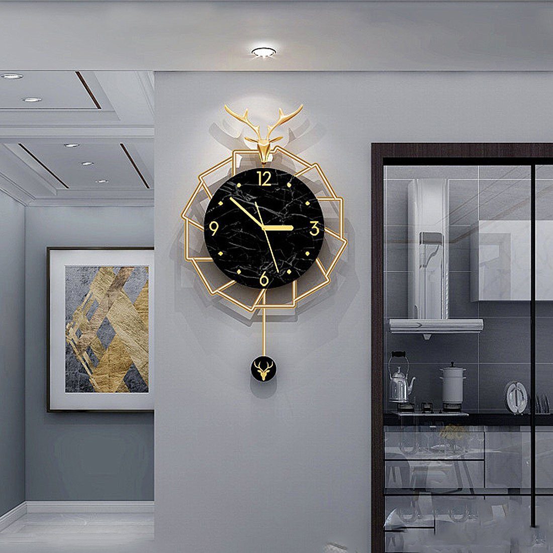 OUIN Wanduhr Moderne kreative stille Wanduhr, Hirschkopf-Muster, 50cm Durchmesser