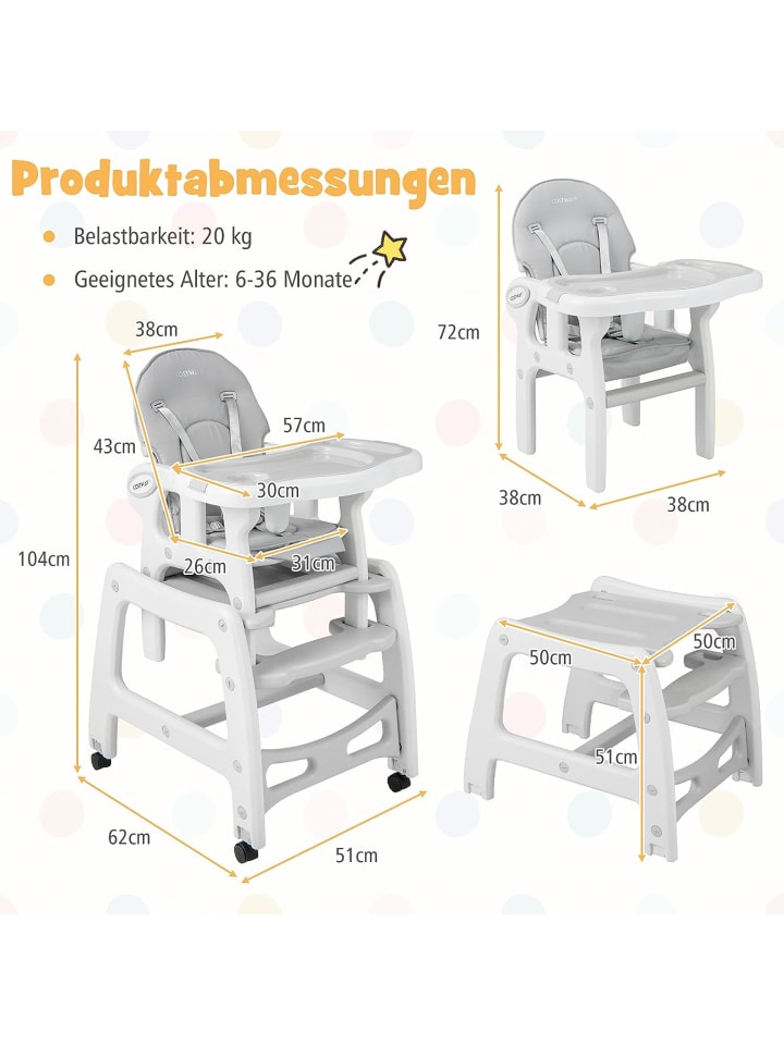 COSTWAY 3 in 1 Hochstuhl in Grau günstig kaufen 51 cm