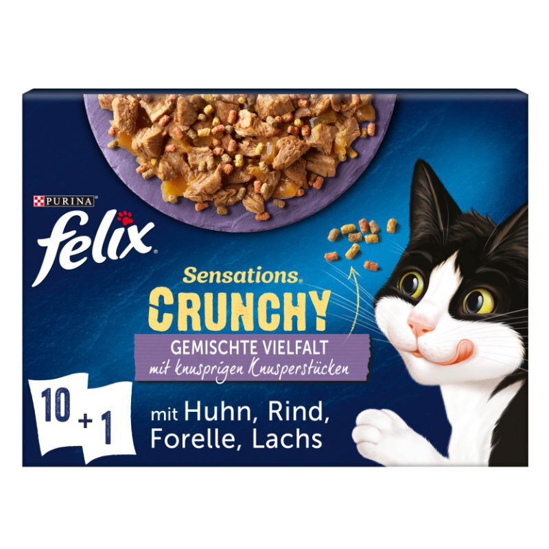 Felix Nassfutter Felix Sensations Crunchy 10x85g + 40g Knusperstückchen Geschmacksvielfalt mit Gemüse