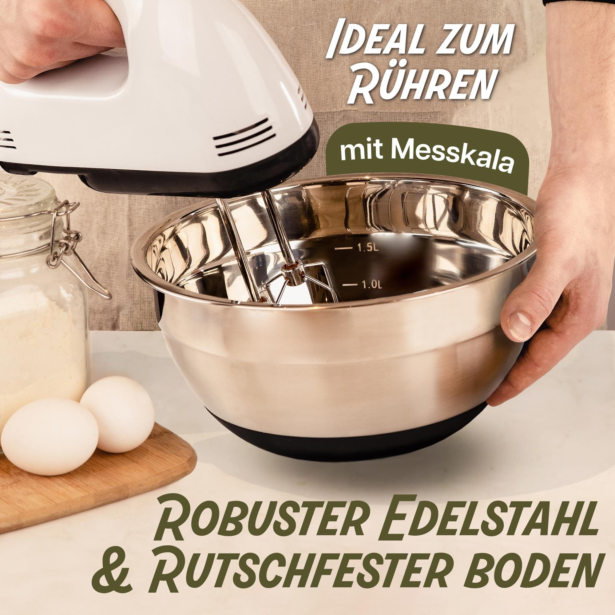 Praknu Salatschüssel mit Deckel - Schüsselset aus Metal Groß Tupperware Edelstahlschüssel, Edelstahl, (Set, 3-tlg), Luftdicht - Rührschüssel mit Messskala - Ideal zum Mischen
