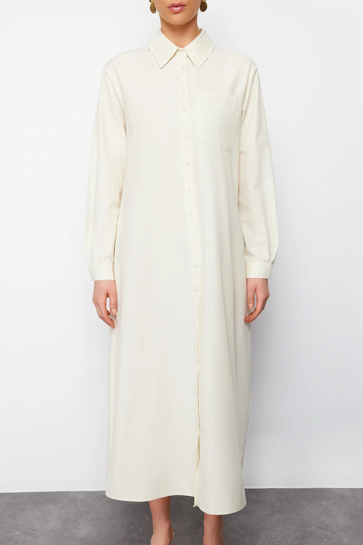 Trendyol Modest  Beiges Hemdblusenkleid - Leinwandgewebt TCTSS24EB00137