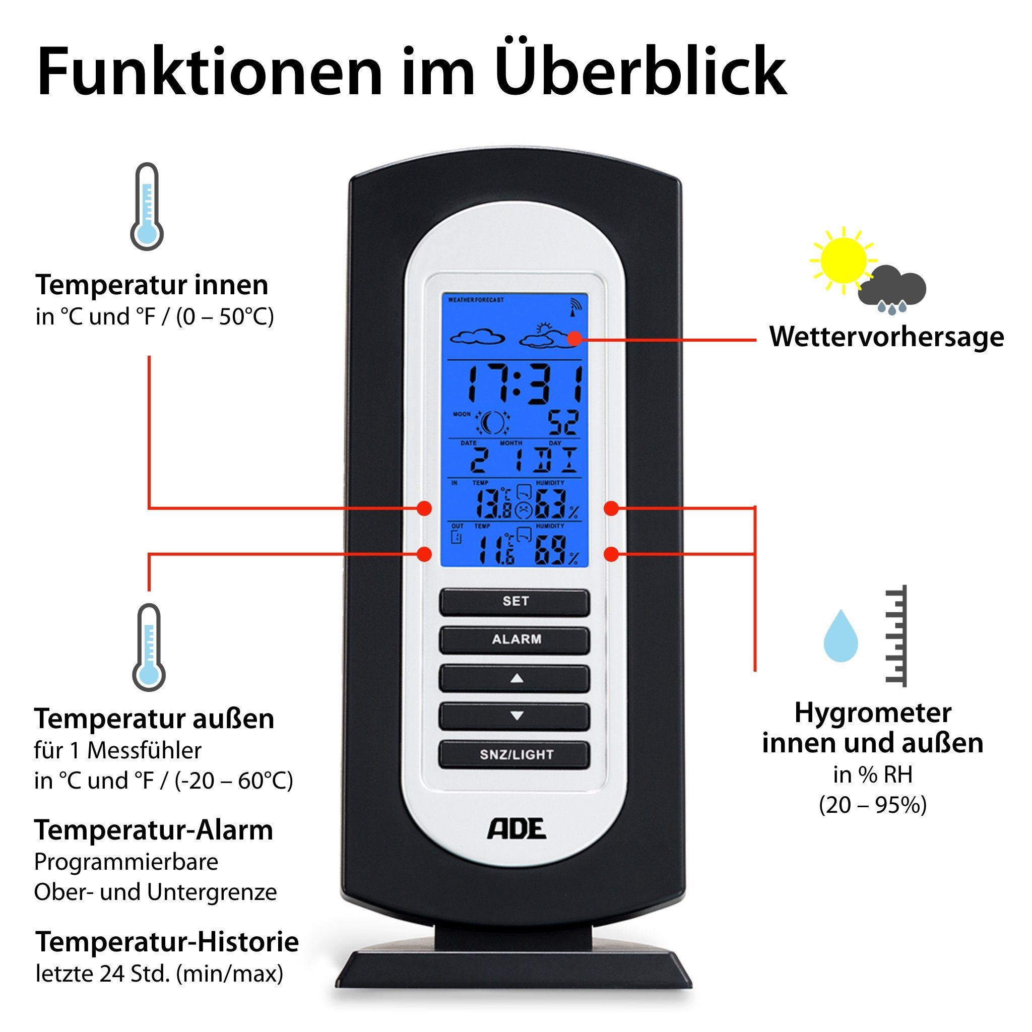 ADE Wetterstation Funk mit Außensensor, mit Vorhersage Funkwetterstation (mit Außensensor, Temperatur, Luftfeuchtigkeit, Uhrzeit, Wettervorhersage)