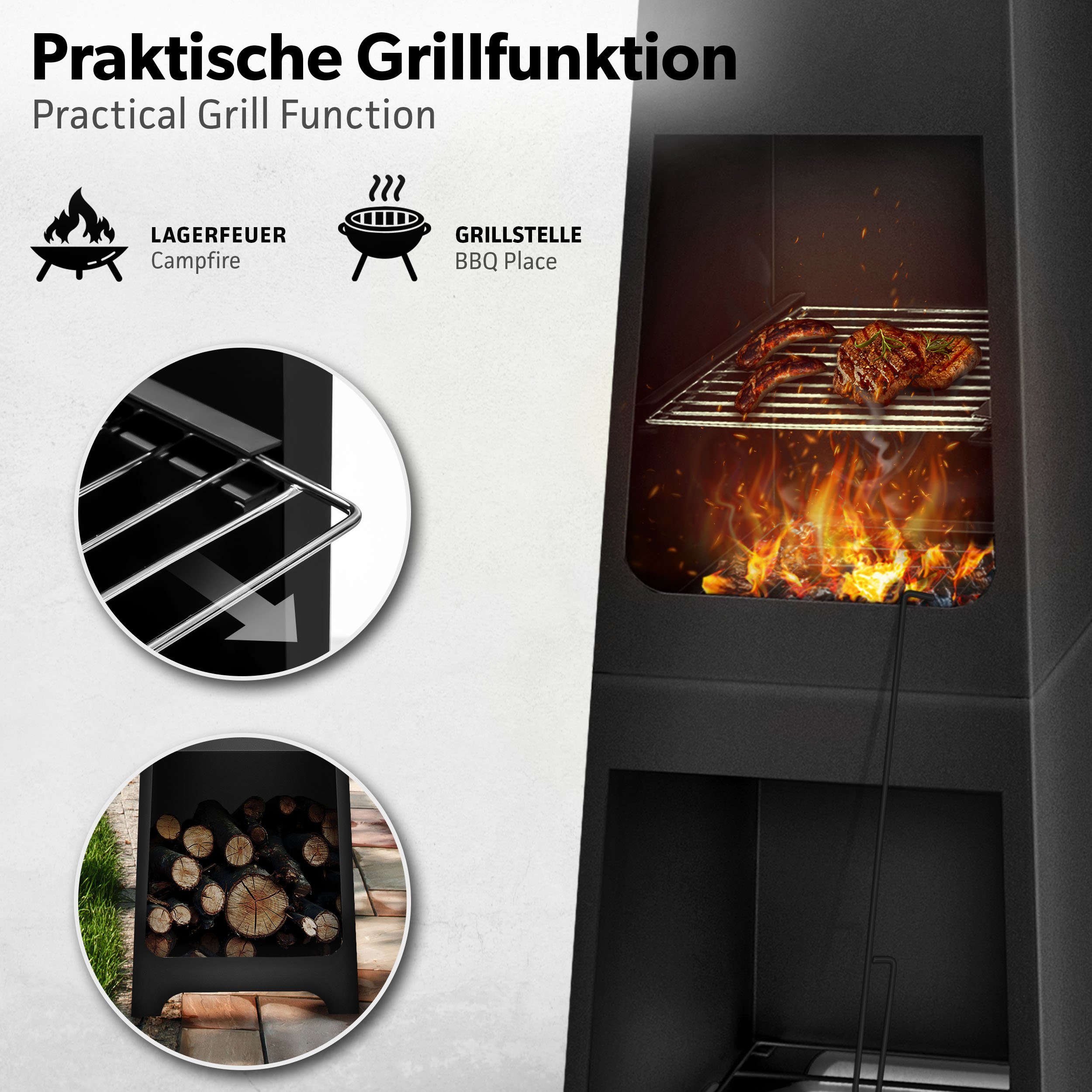 tillvex Feuerkorb Terrassenofen mit Grillfunktion, Gartenkamin aus Stahl, (Terrassenofen)