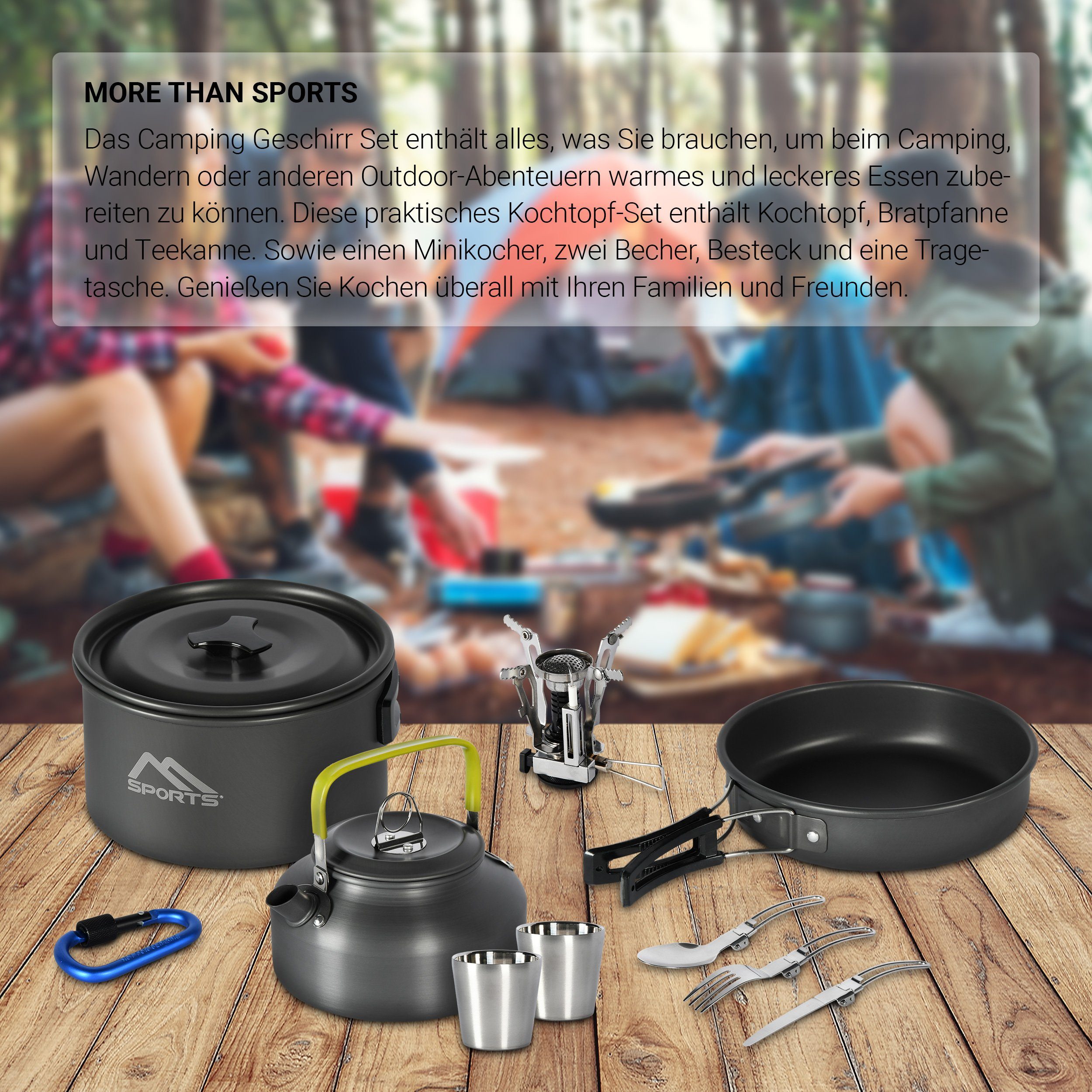 MSports® Gaskocher Camping Kochset 11-teilig Kochgeschirr Set Outdoor aus Aluminium Geschirr Set, Kochtopf Topf & Pfanne