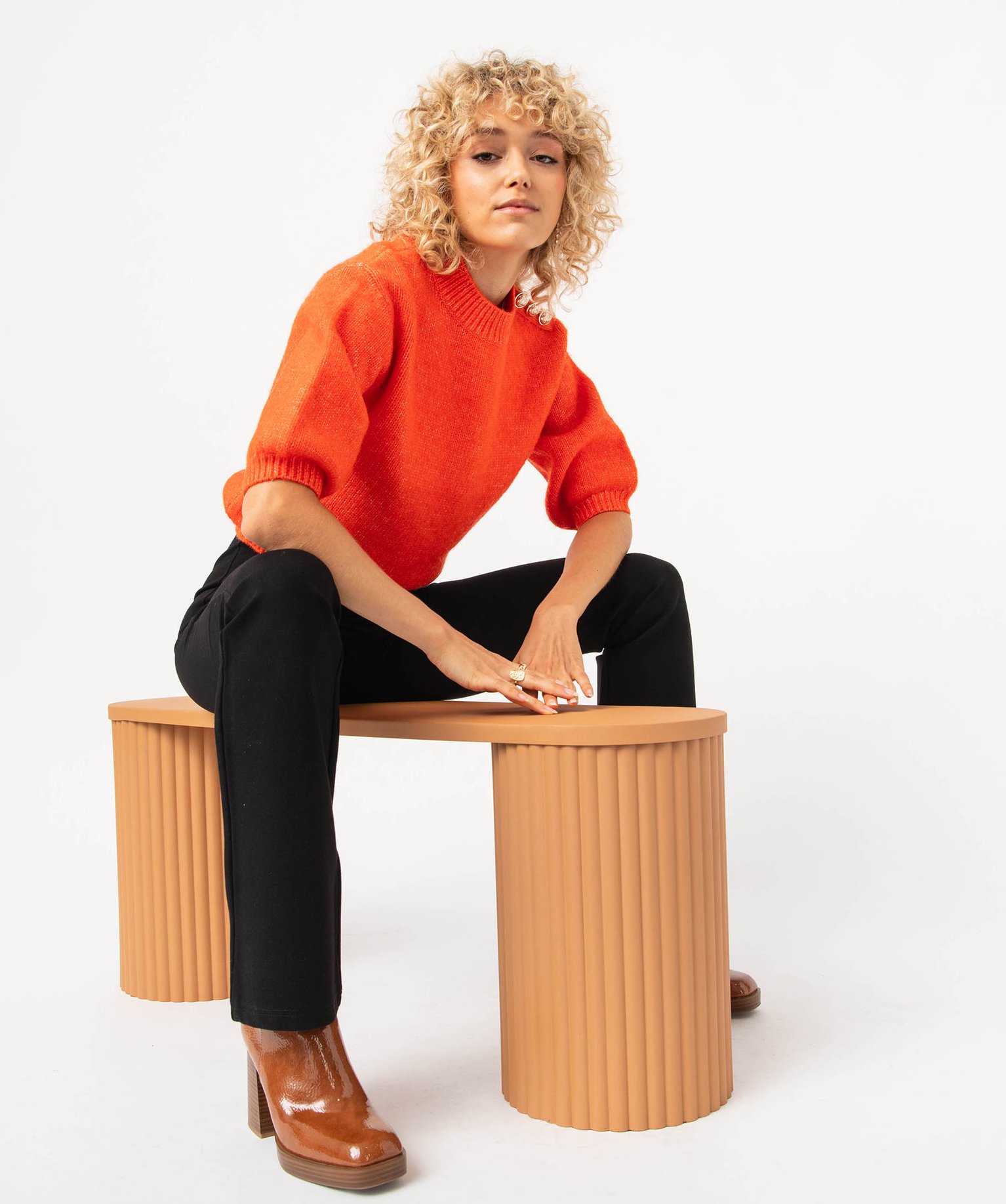 Pull à manches courtes en grosse maille femme rouge | GEMO
