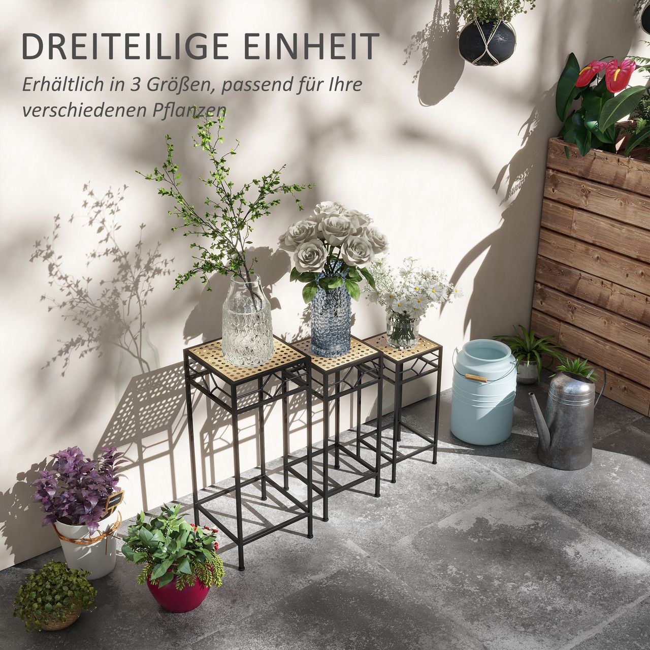 Outsunny 3-tlg. Pflanzenständer Blumenhocker Blumentopfhalter mit Rattanoptik