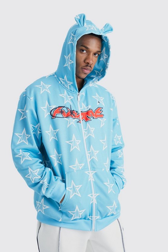 Oversize Hoodie mit Bärenohren-Print und Reißverschluss