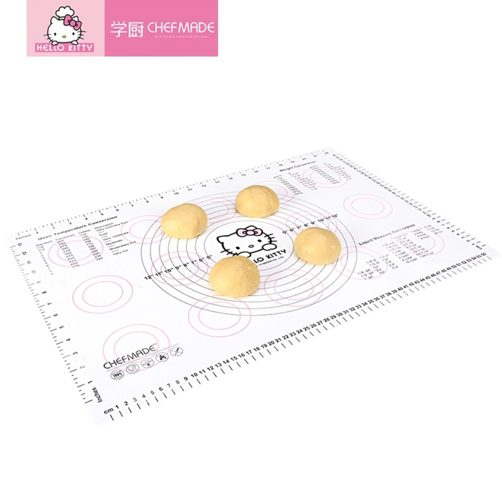Chefmade Backmatte Ausrollmatte für Teig mit Messskalen antihaft, Silikon (CHEFMADE, HELLO KITTY, Pink, 600x400mm, Silikon-Backmatte, Teigunterlage mit Messskala, Silikonmatte, rutschfest, hygienisch, waschbar, antihaftbeschichtet, 1-tlg., Premium),