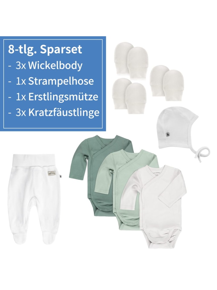 LaLoona 8-tlg. Wickelbody Set inkl. Strampelhose, Erstlingsmütze in gruen,weiss günstig kaufen onesize
