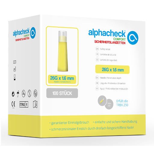 ALPHACHECK comfort Sicherheitslanzett.26 Gx1,6 mm  100 St  Lanzetten