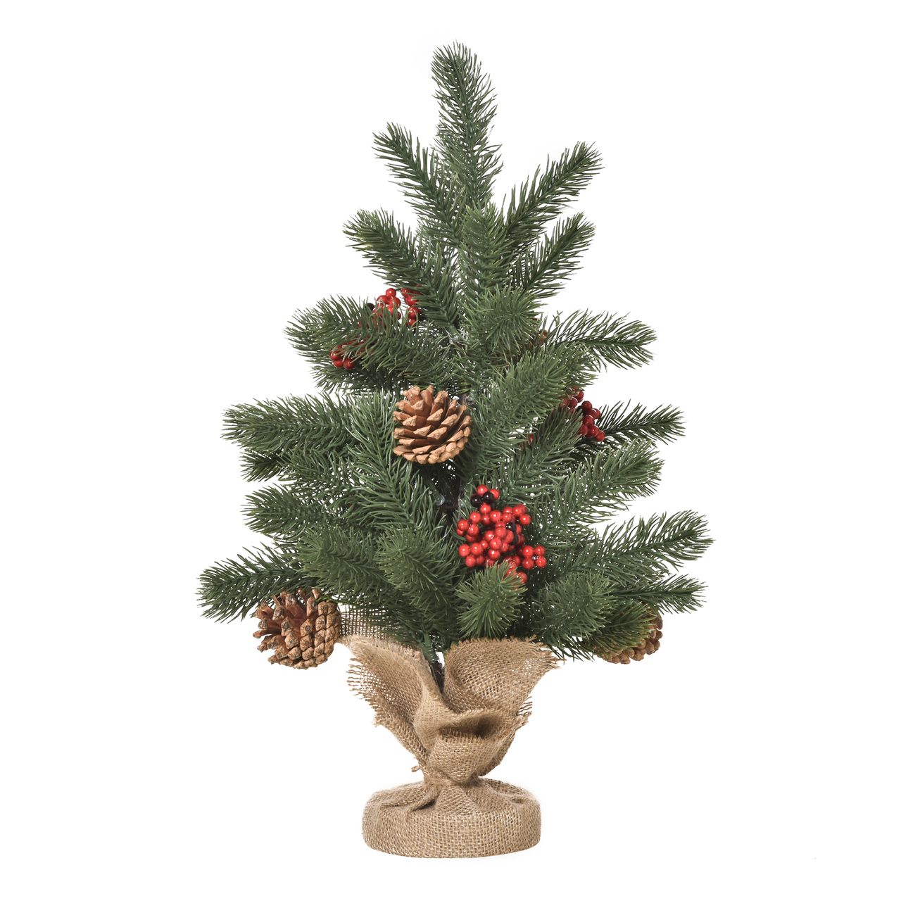 HOMCOM Weihnachtsbaum 50 cm Christbaum mit 4 roten Beeren und 4 Tannenzapfen Kunsttanne 55 Zweige Stabiler und haltbarer Sockel für Tisch und Schreibtisch PE Zement Sackleinen Grün Ø28 x 50 cm