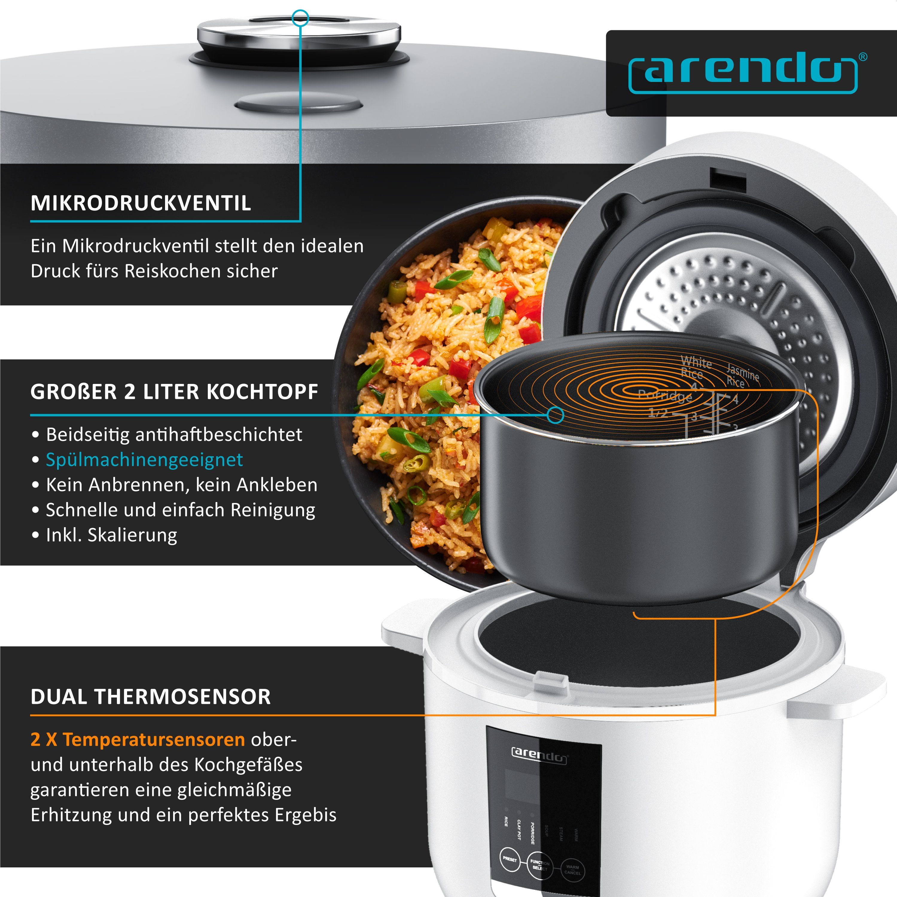 Arendo Reiskocher, 350 W, Digitaler Dampfgarer, Kochprogramme, Timer, Warmhaltefunktion, Display