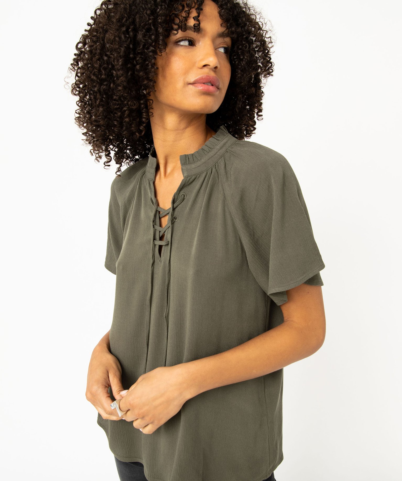 Blouse à manches courtes en crêpe de viscose uni femme vert | GEMO
