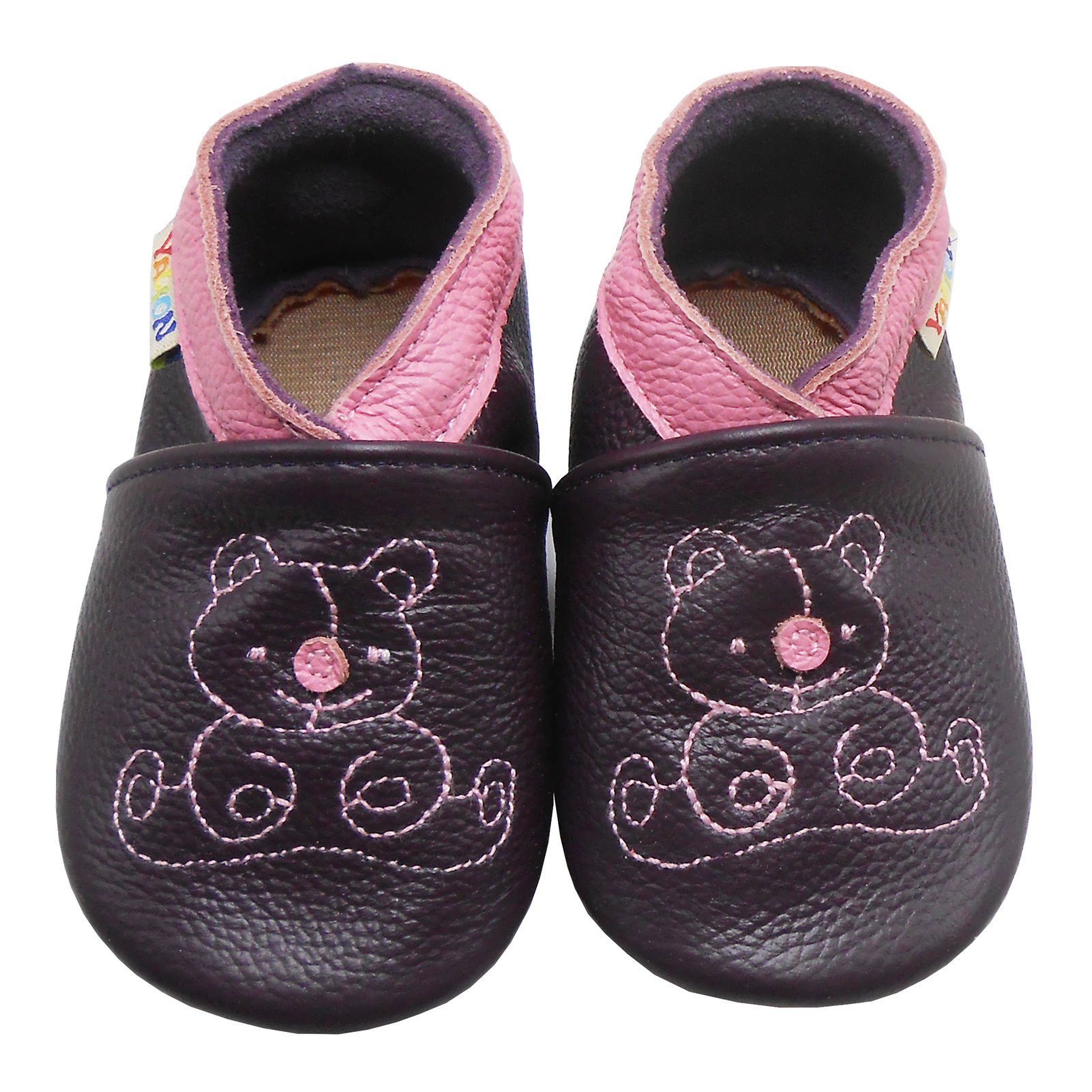 Yalion Weiche Leder Lauflernschuhe Hausschuhe Lederpuschen Bär Dunkellila Krabbelschuh elastisch