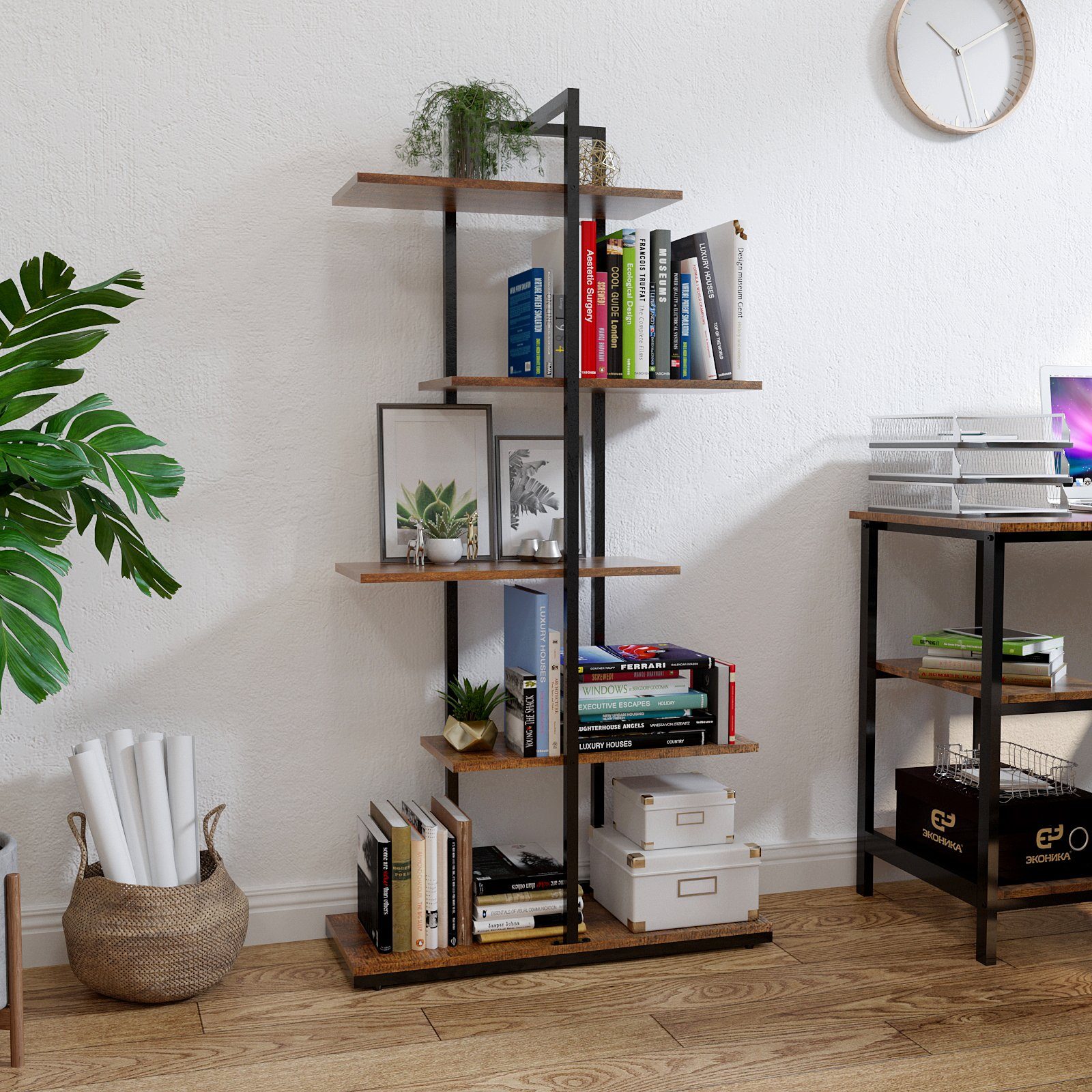 Mondeer Bücherregal Standregal, 5 lagiges asymmetrisches Split-Level Lagerregal, 74x28x144.5cm, Braun