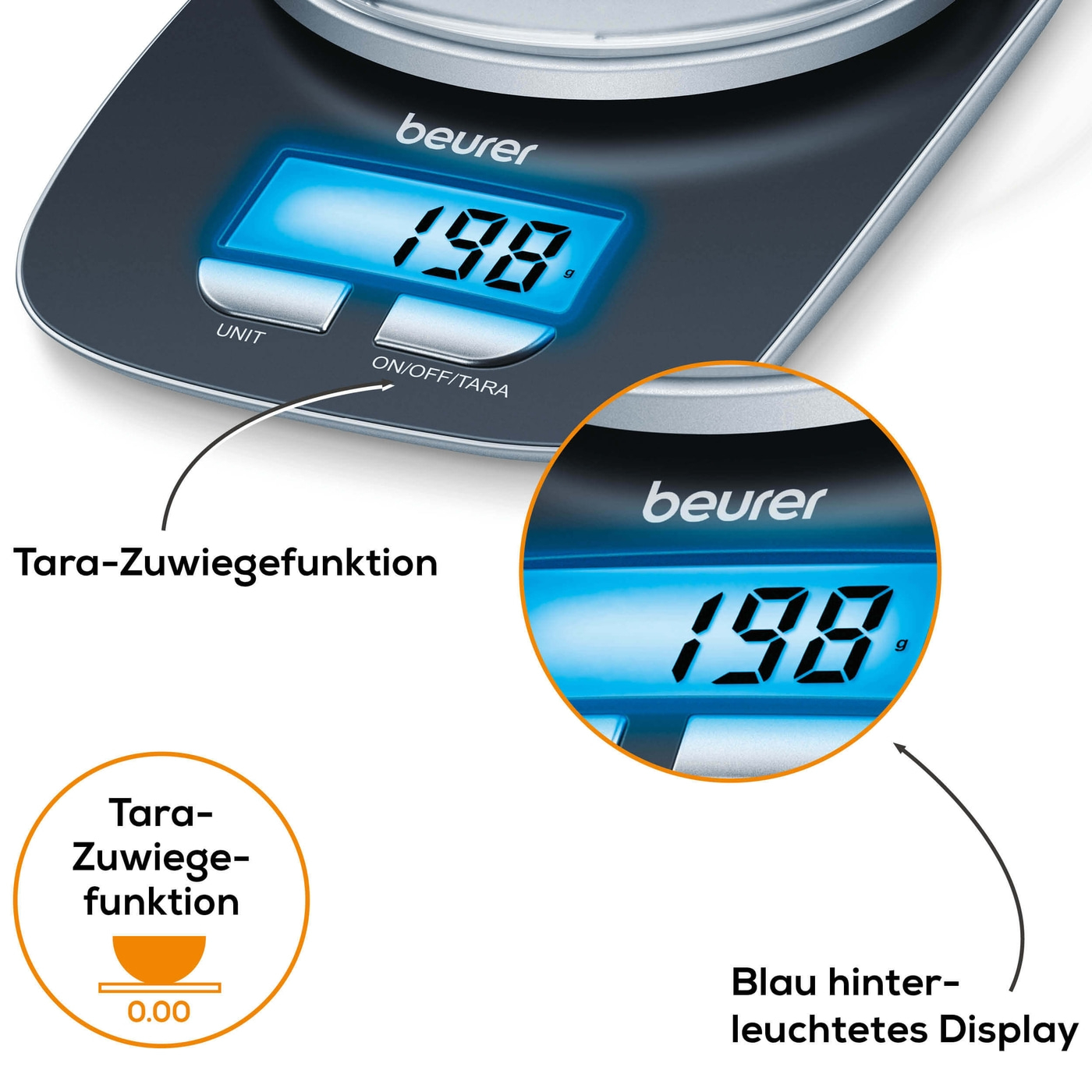 Beurer Küchenwaage - KS 25-Digitale Küchenwaage mit abnehmbarer Schüssel & Displaybeleuchtung