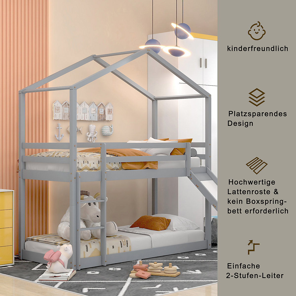 Etagenbett 90x200cm mit Rutsche und Leiter inkl. 2 Liegeflächen, Hochbett Hausbett