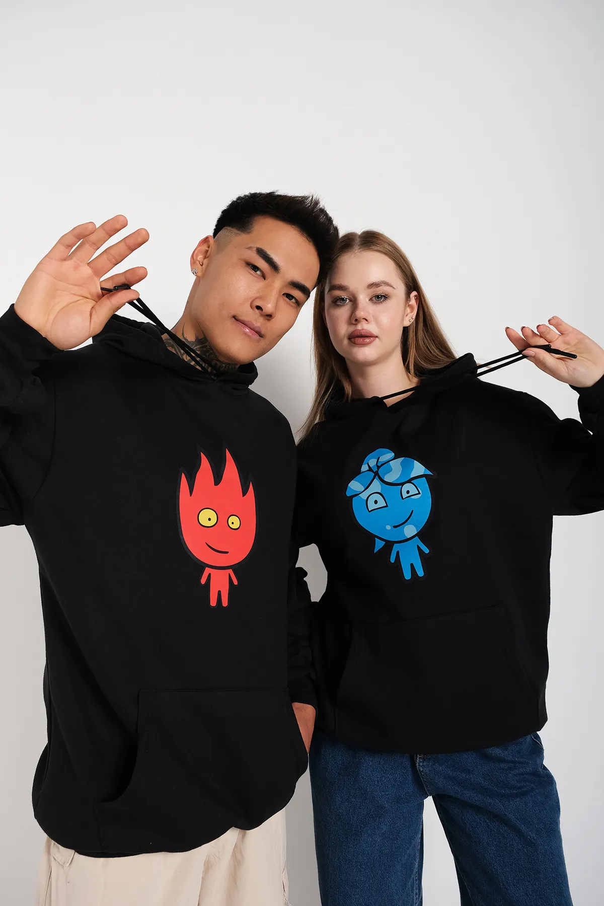 Know  Schwarzer Unisex-Kapuzenpullover mit Aufdruck „Binary Fire And Water“ in Übergröße