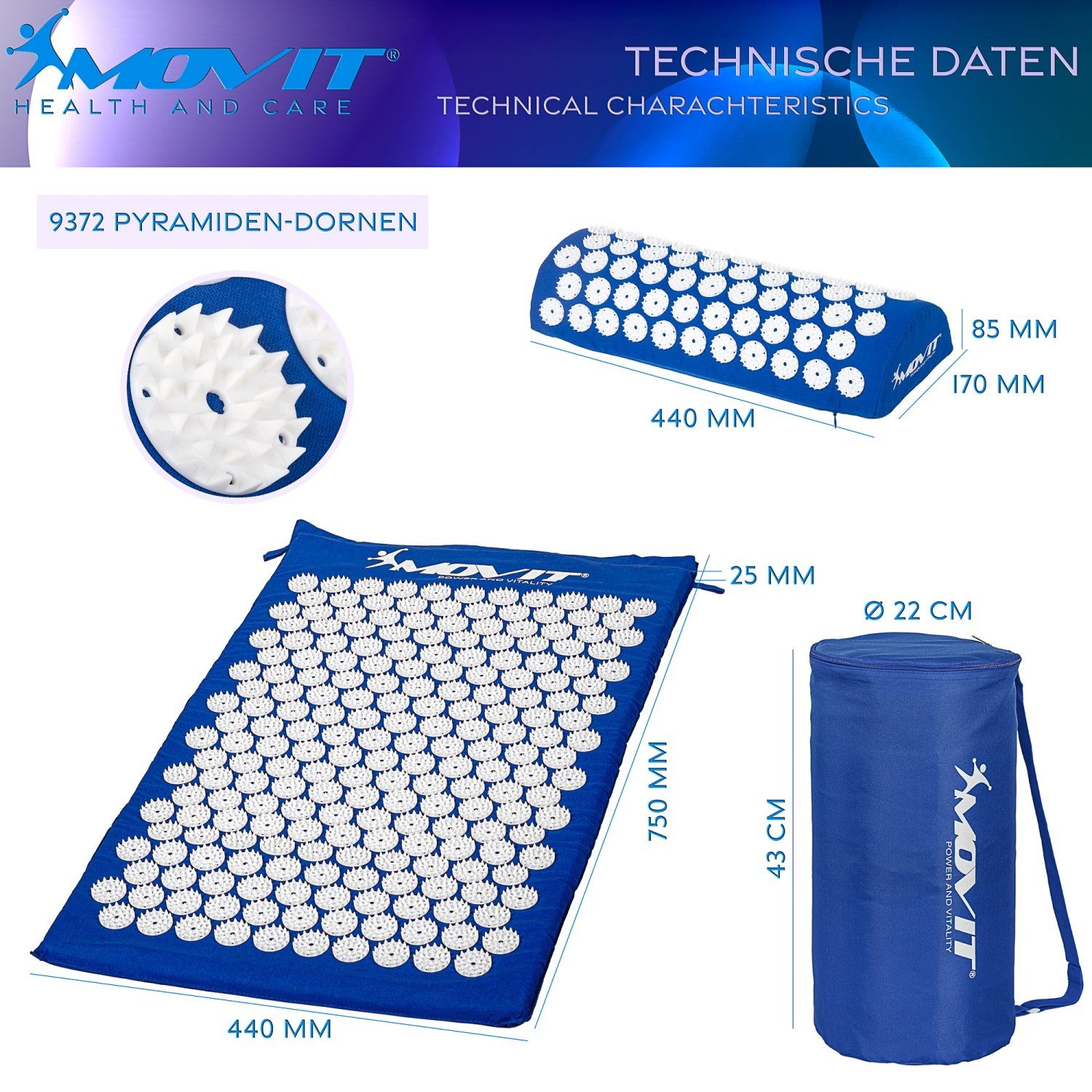 MOVIT Akupressurmatte Movit® Akupressur-Set Akupressurmatte inkl. Kissen (Set, 3-St., 3er-Set), 75 x 44 x 2,5cm oder 130 x 50 x 2,5cm, Bezug 100% Baumwolle, 10 Farben