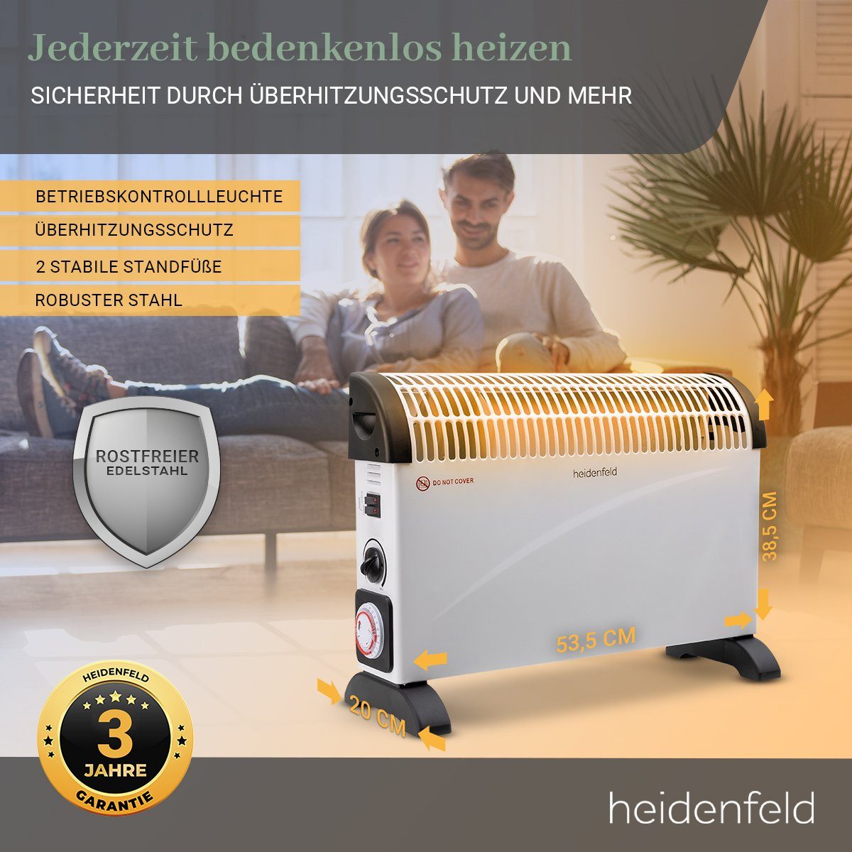 Heidenfeld Heizlüfter Konvektor Elektroheizung HL200 3 Jahre Garantie 3 Heizstufen, 2000 W, Mobil Energiesparend Heizung elektro Heizstrahler Konvektorheizung