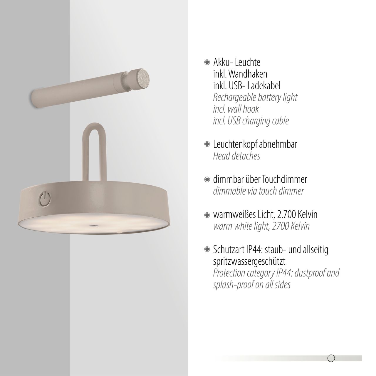 JUST LIGHT Akku Wandleuchte ARMA, 1x LED-Board/1,50Watt/2700Kelvin, IP44, Greige